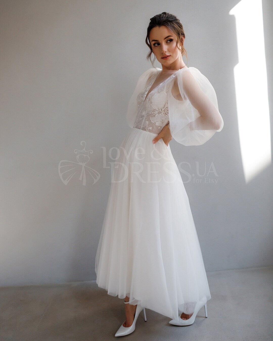 Vestido de novia corto, vestido de novia civil de manga larga abullonada  hasta la rodilla, vestido de novia midi de recepción retro de línea A,