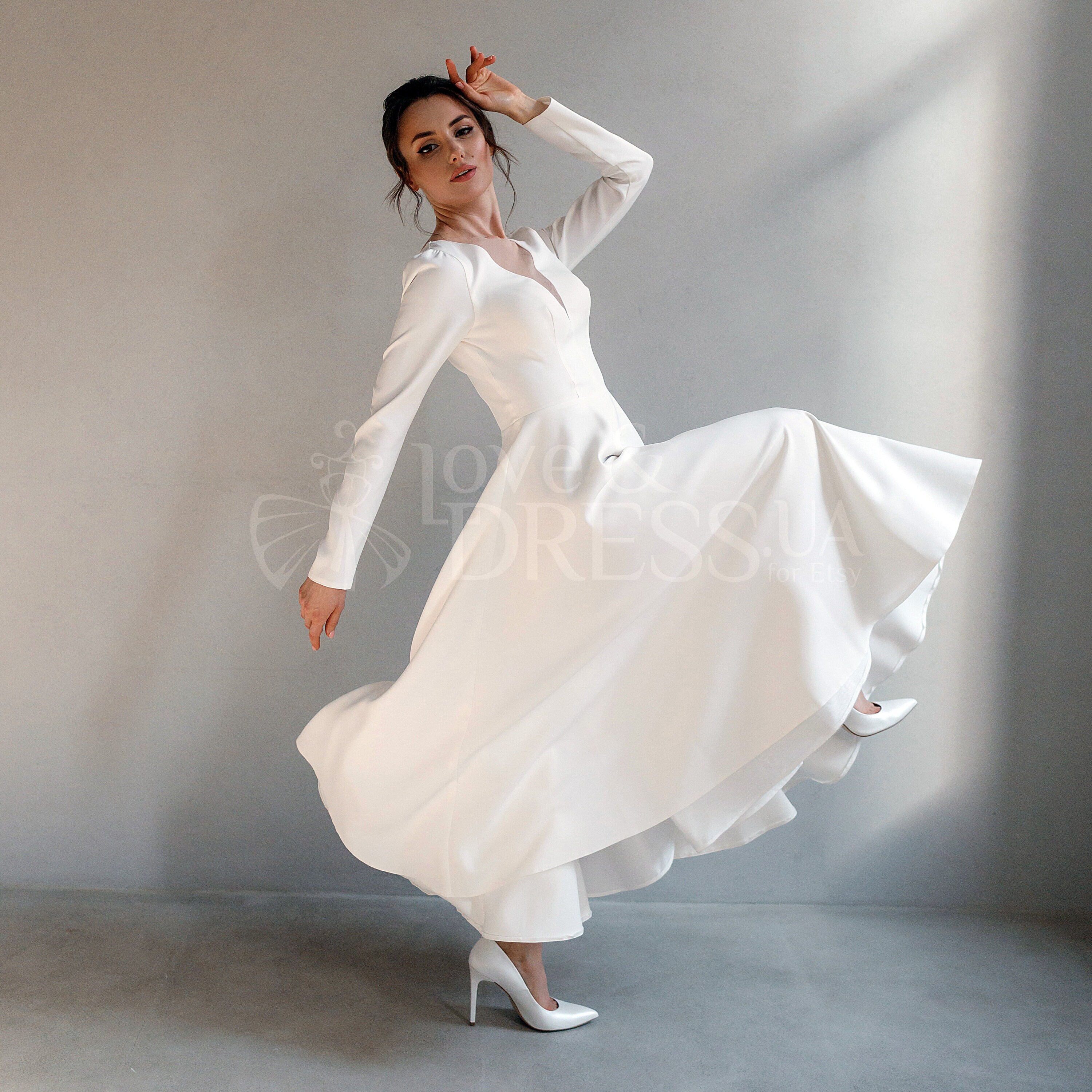 Midi Courthouse Wedding Dress,long Sleeve Tea Length Wedding Dress,rehearsal  Dinner Dress for Bride,satin Wedding Dress,modest Wedding Dress - Etsy