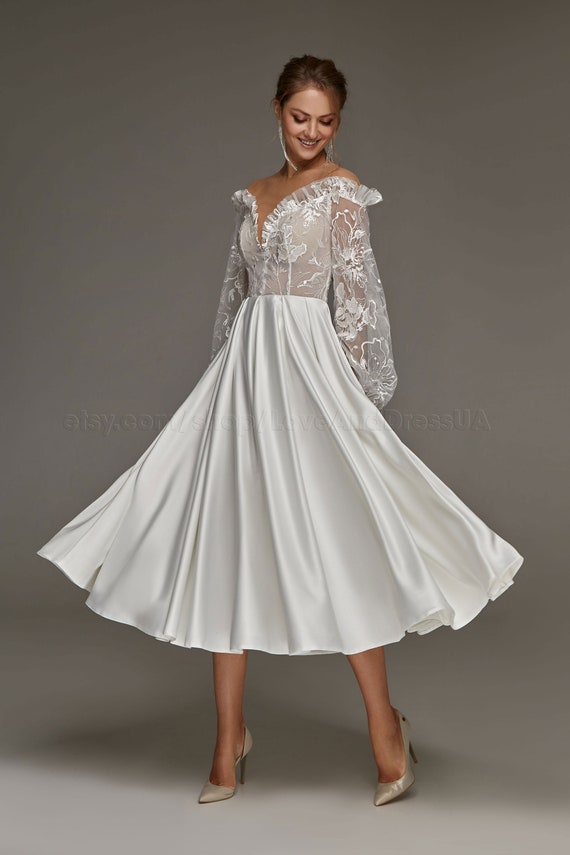 Short Wedding Dress Wedding Dress Long Sleevevintage Wedding | Etsy