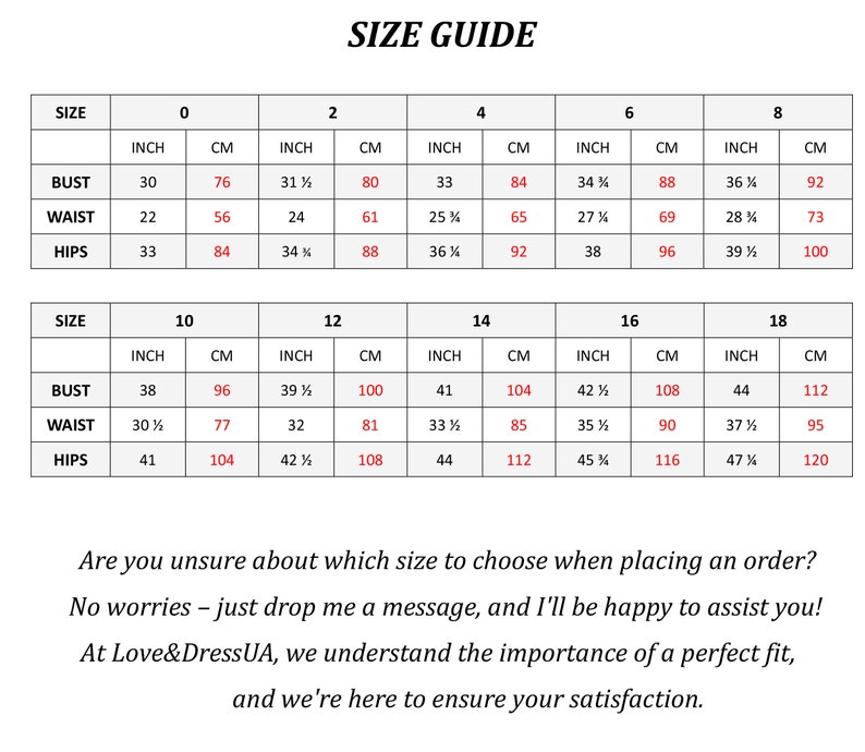 May include: Size chart for clothing with measurements in inches and centimeters. The chart shows bust, waist, and hip measurements for sizes 0 to 18.