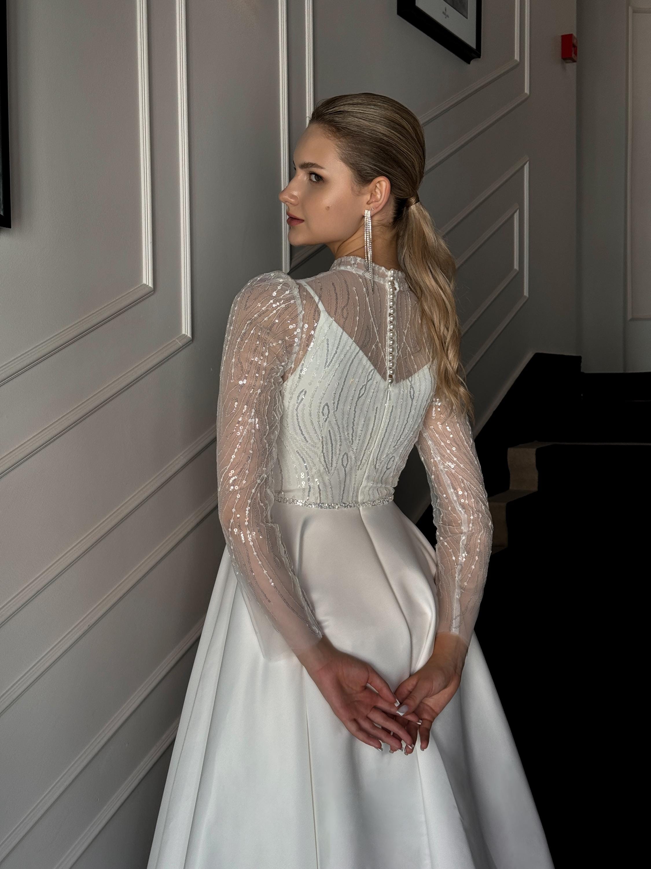 Modest Winter Tea Length Wedding Dress: High Neck Long Sleeve Satin Gown,  Reception Bridal - Etsy