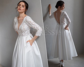Floral lace midi wedding dress,Tea length wedding dress,Wedding reception dress,Bridal shower dress,Short wedding dress, Elopement dress