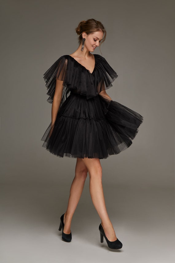 Lief auteur Echt Avond zwarte jurk zwarte jurk tule cocktail jurk korte tule - Etsy België