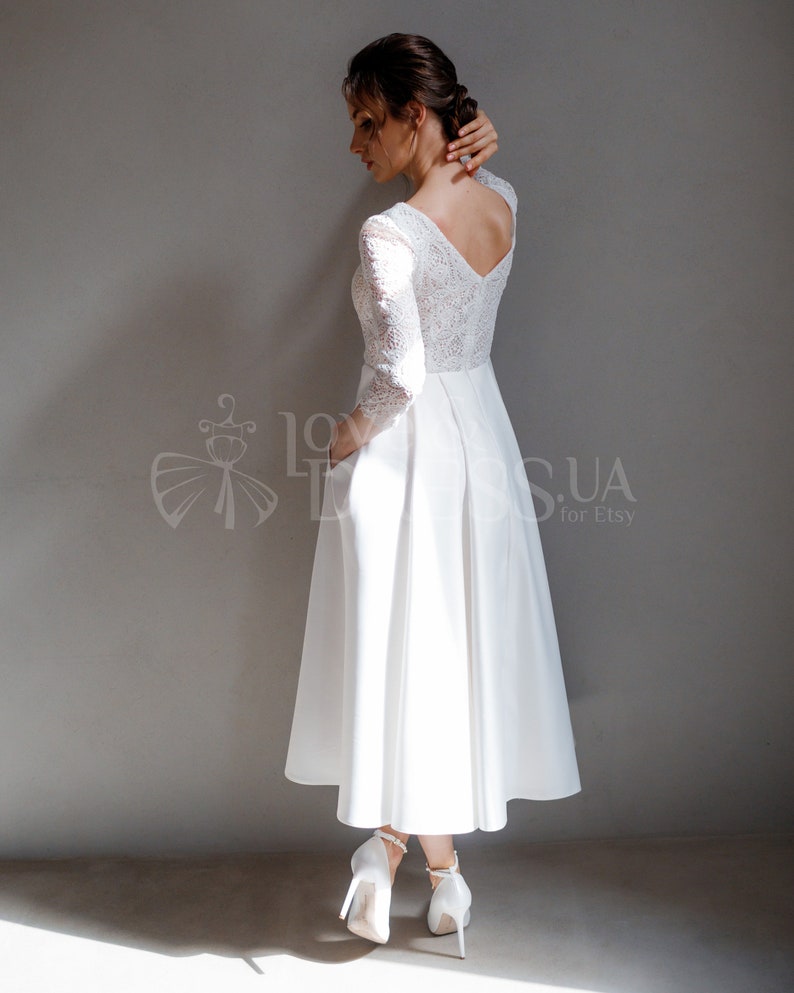 Short wedding dress, Tea length wedding dress, Satin wedding dress, 50s wedding dress, Minimalist wedding dress, simple wedding dress image 3