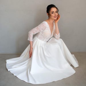 Tea Length Wedding Dress with 3/4 Sleeve, Satin Midi Bridal Gown, V Neck A line Lace Courthouse Dress
