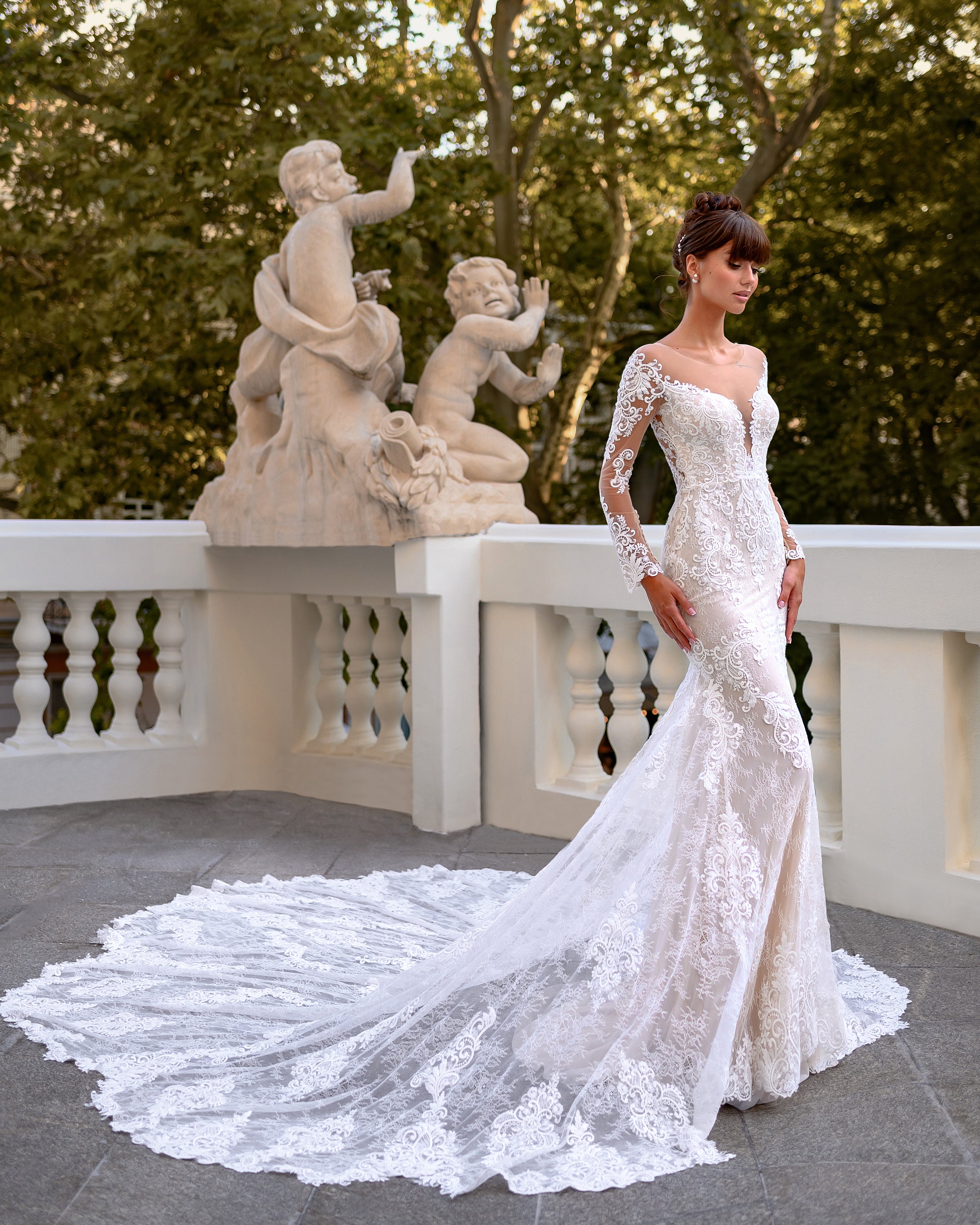 M Bridal Womens Illusion Long Sleeve Crew Neck Long Mermaid Bride Wedding Dress 