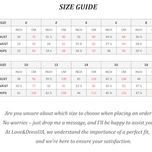 May include: Size chart for clothing with measurements in inches and centimeters. The chart shows bust, waist, and hip measurements for sizes 0 through 18.