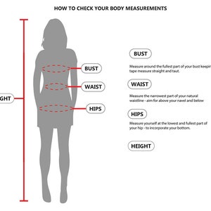 May include: Diagram showing how to measure bust, waist, hips, and height. A gray silhouette of a person is shown with red dashed lines indicating where to measure.