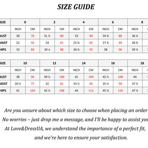 May include: Size chart for clothing with measurements in inches and centimeters. The chart shows bust, waist, and hip measurements for sizes 0 through 18.