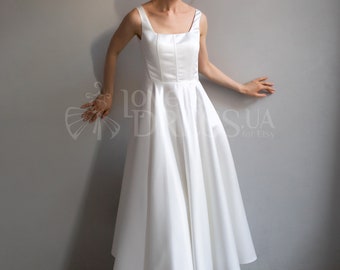 Short wedding reception dress Lily, Satin elopement dress, Elegant tea length wedding dress,Bridal shower dress, Courthouse wedding dress