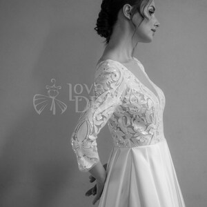 Short lace wedding dress,Romantic midi civil wedding dress,Tea length reception dress,Satin elegant bridal shower dress,Rehearsal dinner image 8