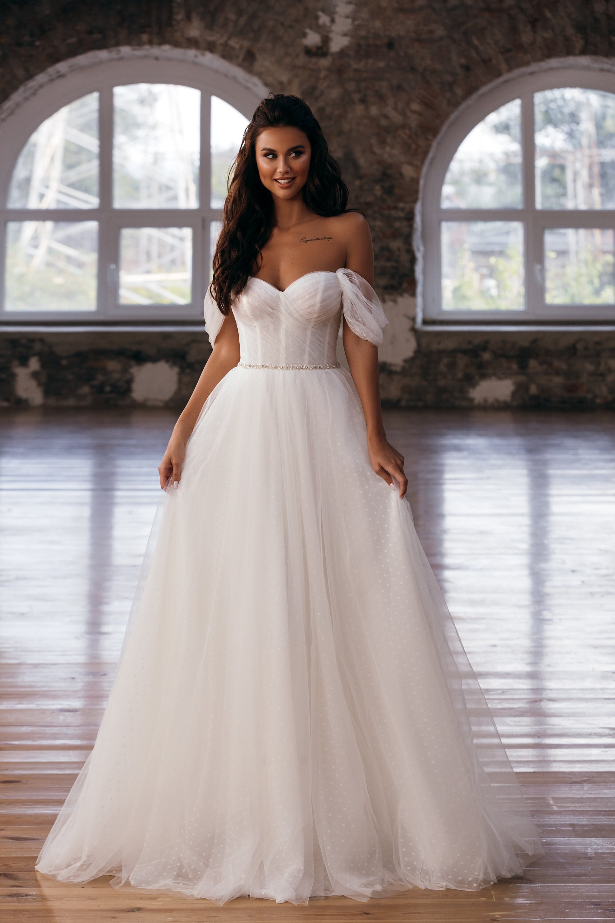 A-line Wedding Dress with Off The Shoulder Sleeves, Tulle Wedding Dress,  Ruched Bodice with Beaded Waistband, Modern Romantic Bridal Gown