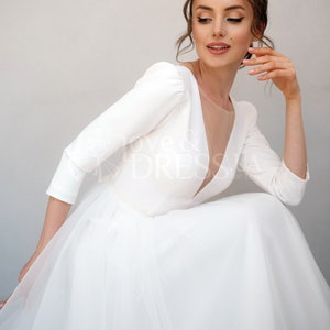 Short wedding dress, Long sleeve wedding dress, 50s wedding dress, Tea length bridal gown, Simple wedding dress, Wedding reception dress image 2
