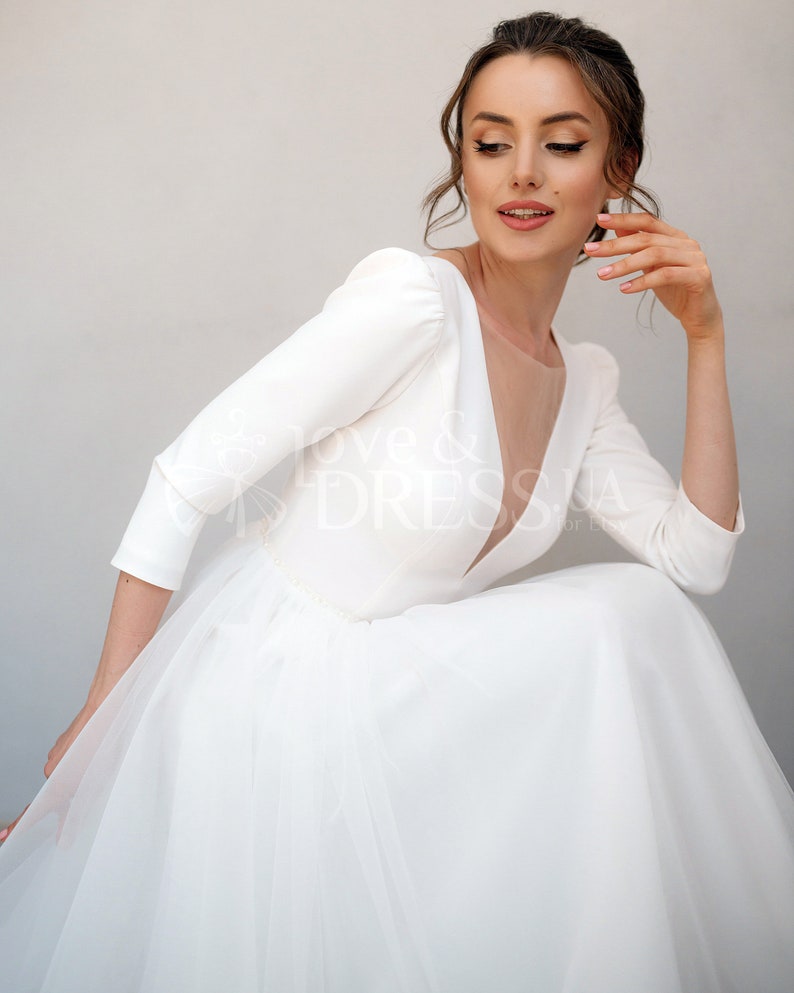 Short wedding dress, Long sleeve wedding dress, 50s wedding dress, Tea length bridal gown, Simple wedding dress, Wedding reception dress image 2