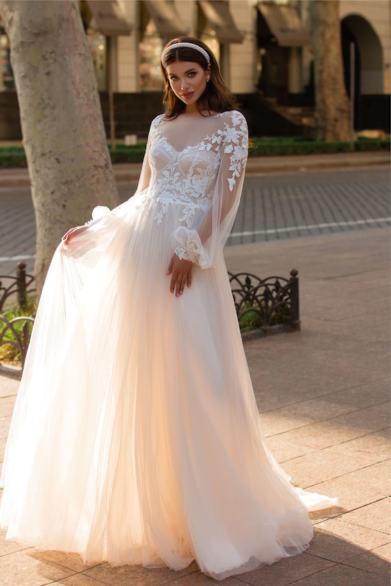 Stunning wedding dress collection white lace & nude tulle ball gown