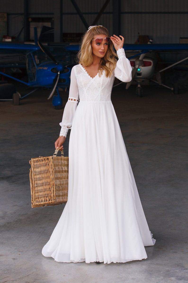 Boho Wedding Dress Chiffon Bridal Dress Long Sleeve Wedding Etsy