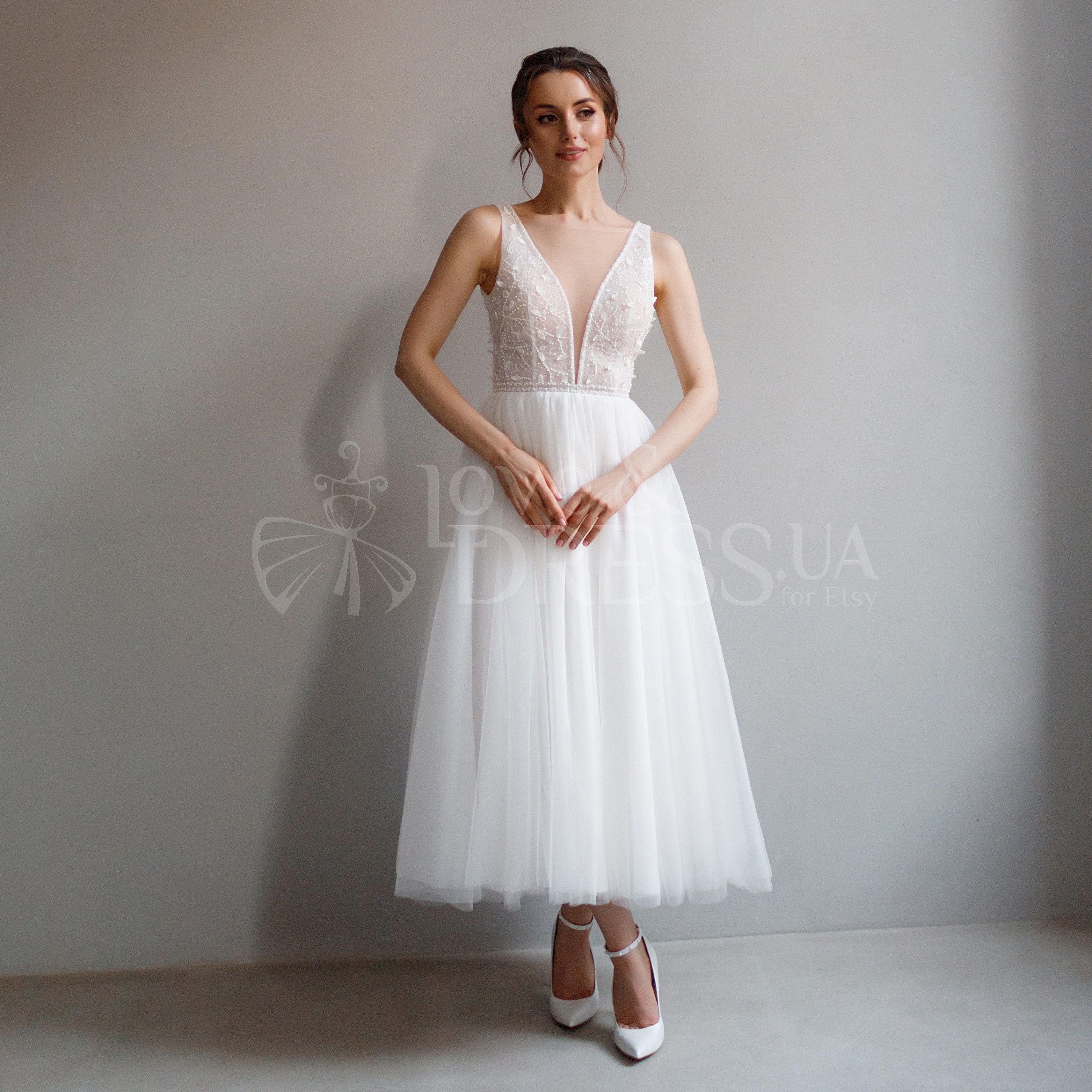 Short Wedding Dress With Lace Corset,long Sleeve Midi Wedding Dress,tulle Tea  Length Bridal Shower Dress,v Neck Romantic Elopement Dress - Etsy, image size:3000x3000