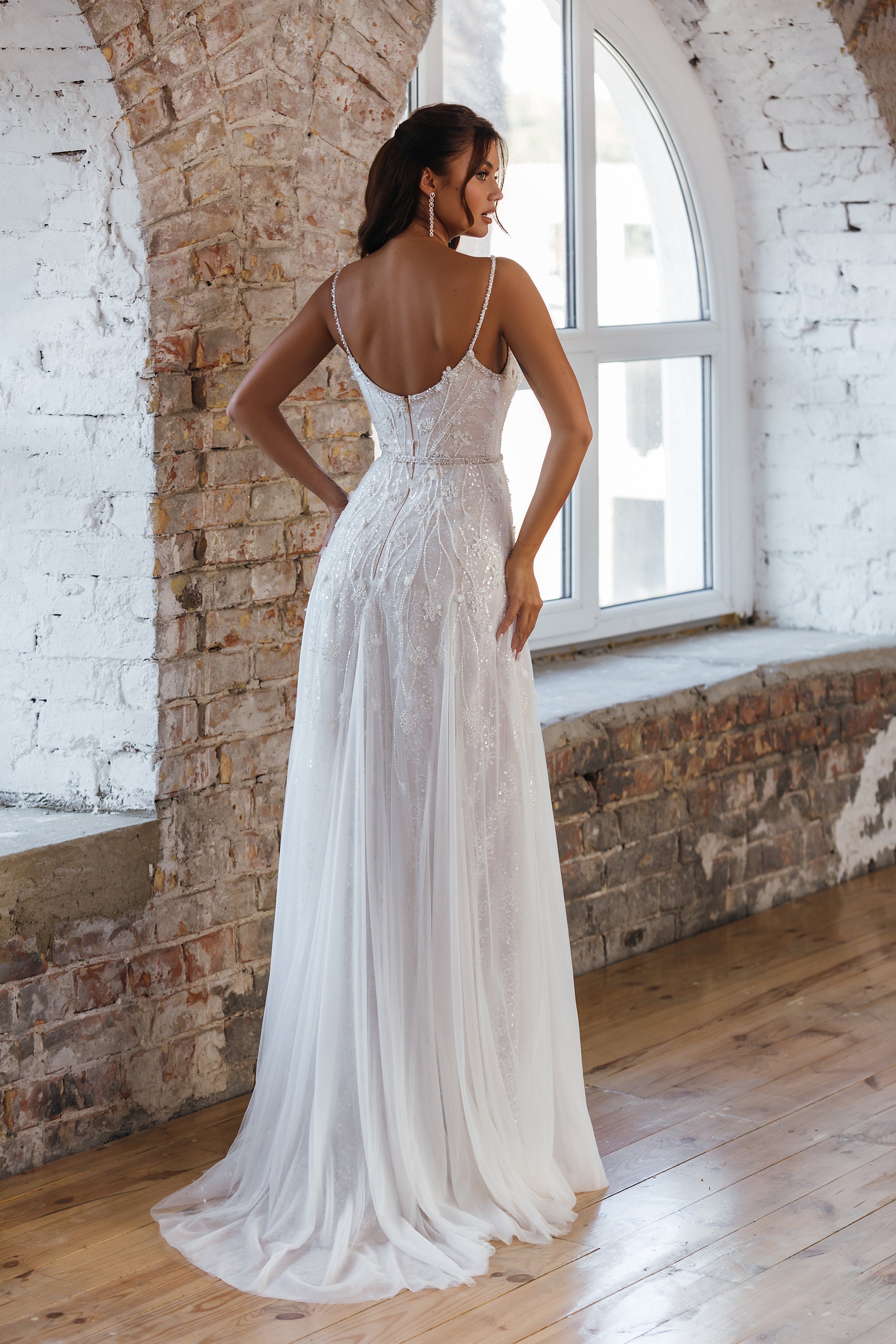 Beaded spaghetti strap wedding dress shop