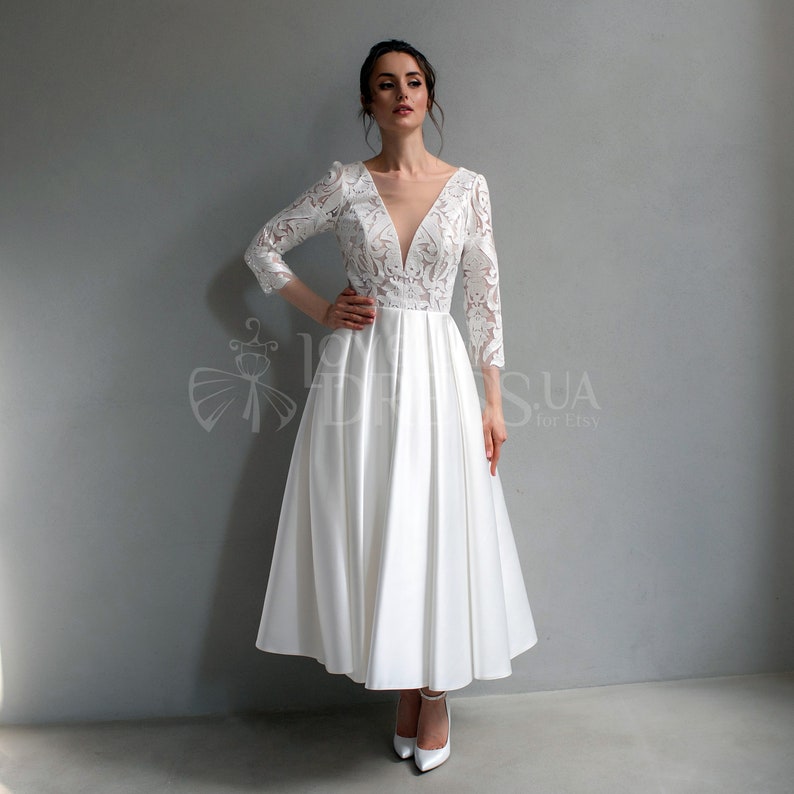 Short lace wedding dress,Romantic midi civil wedding dress,Tea length reception dress,Satin elegant bridal shower dress,Rehearsal dinner image 2