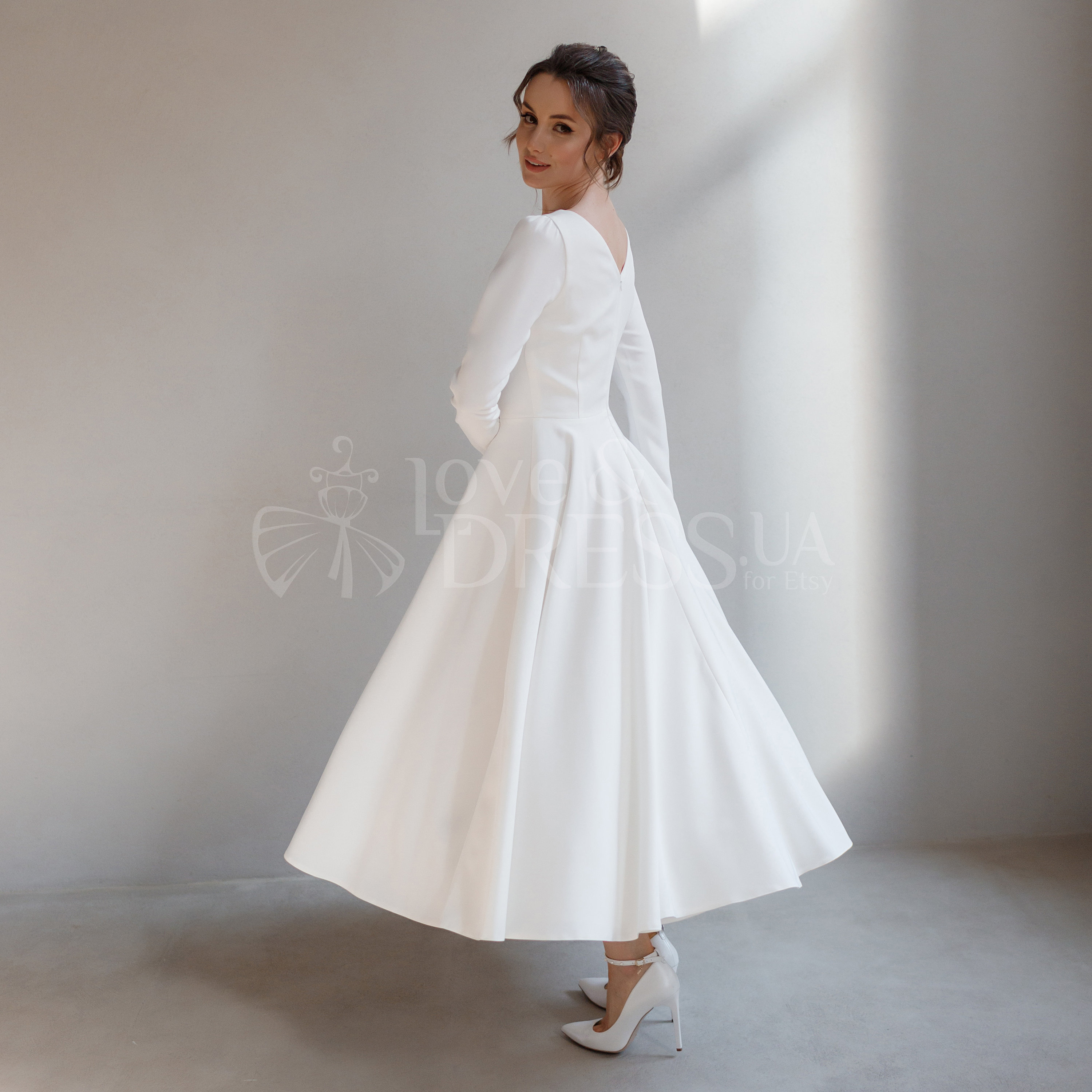 Midi Courthouse Wedding Dress,long Sleeve Tea Length Wedding Dress,rehearsal  Dinner Dress for Bride,satin Wedding Dress,modest Wedding Dress