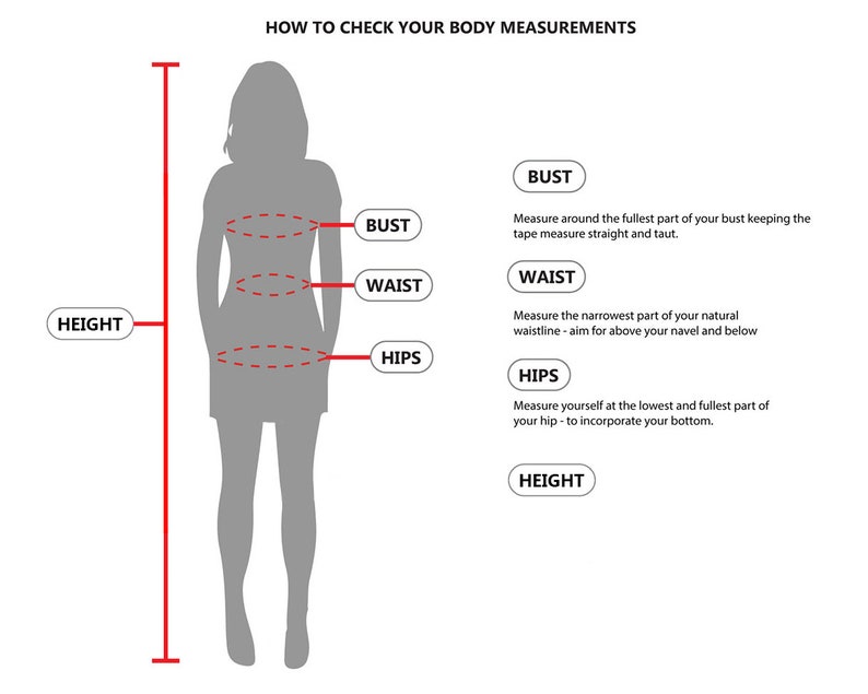 May include: Diagram showing how to measure bust, waist, hips, and height. A gray silhouette of a person is shown with red dashed lines indicating where to measure.