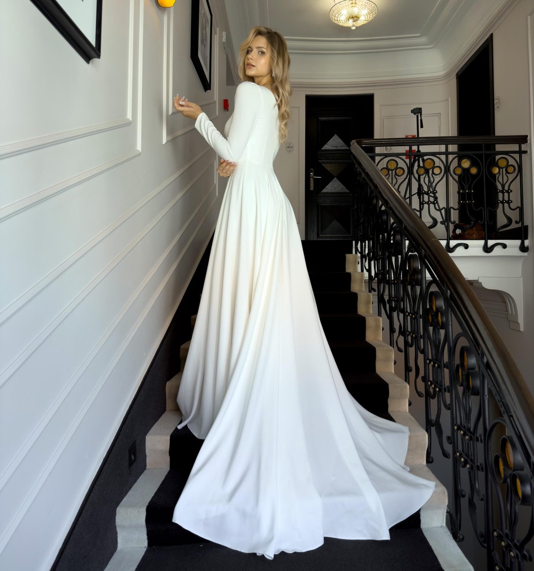 affordable long sleeve wedding dresses Ivory Lace Long Sleeves A-line Backless Wedding Dresses With Train, MW609