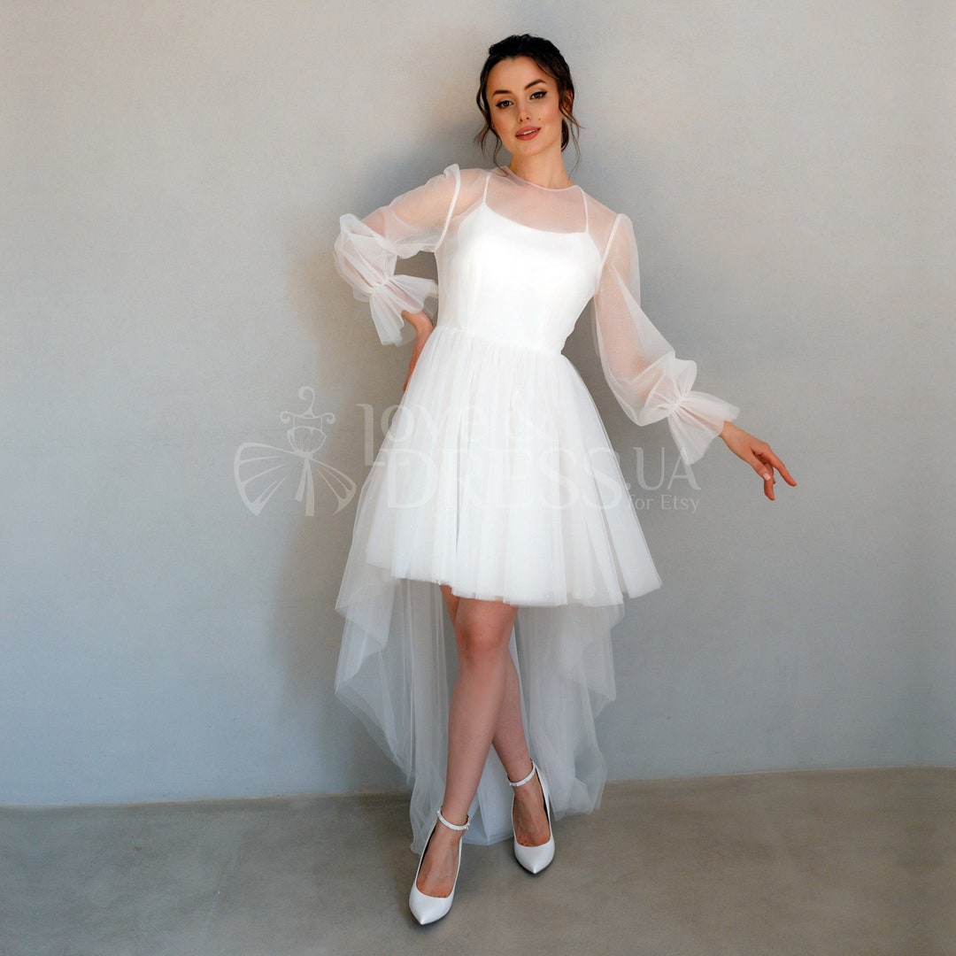 short front long back wedding dress New Short Front Long Back Gothic White Wedding Dresses Spaghetti Straps  Deep V Neck High-low Bridal Gowns Vestido Custom Color