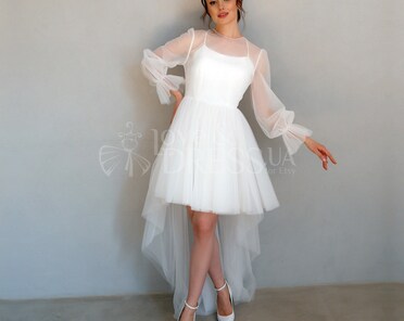 short front wedding dress long back Chic Strapless Lace Short Front Long Back Wedding Dress High Low Beach Style