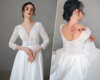 Open back tea length wedding dress,Bridal shower dress,50s wedding dress, Wedding reception dress,Midi wedding dress,Simple wedding dress