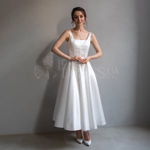Minimalist tea length wedding dress, Midi satin wedding dress, Wedding reception dress, Rehersal dinner dress for bride, Elopement dress