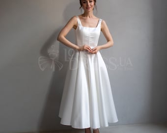 Minimalist tea length wedding dress, Midi satin wedding dress, Wedding reception dress, Rehersal dinner dress for bride, Elopement dress