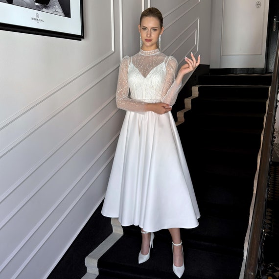 tea length fitted wedding dresses Minimalist tea-length wedding dress in crepe
