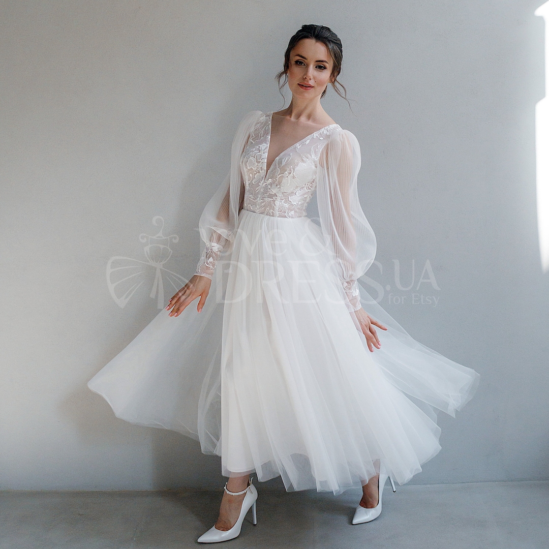 torrid ivory lace tea length wedding dress A-Line Tea Length Mini White Lace Dress White Long Sleeve COCOMELODY CW3424, 25 Days / Ivory / US22-UK24-EUR52