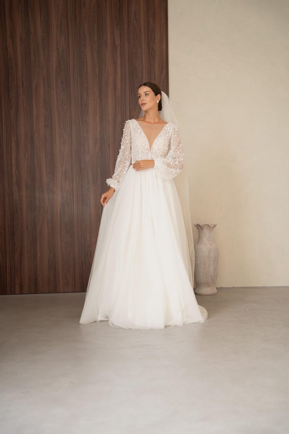 Princess Lace Wedding Dress with Bishop Long Sleeve, Tulle A Line Bridal Gown, Romantic V Neck Elopement Dress