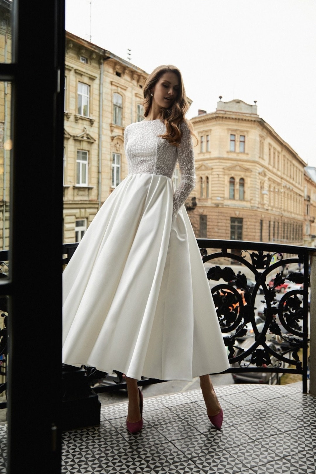 Reception Wedding Dress With Pockets,long Sleeve Tea Length Wedding ...