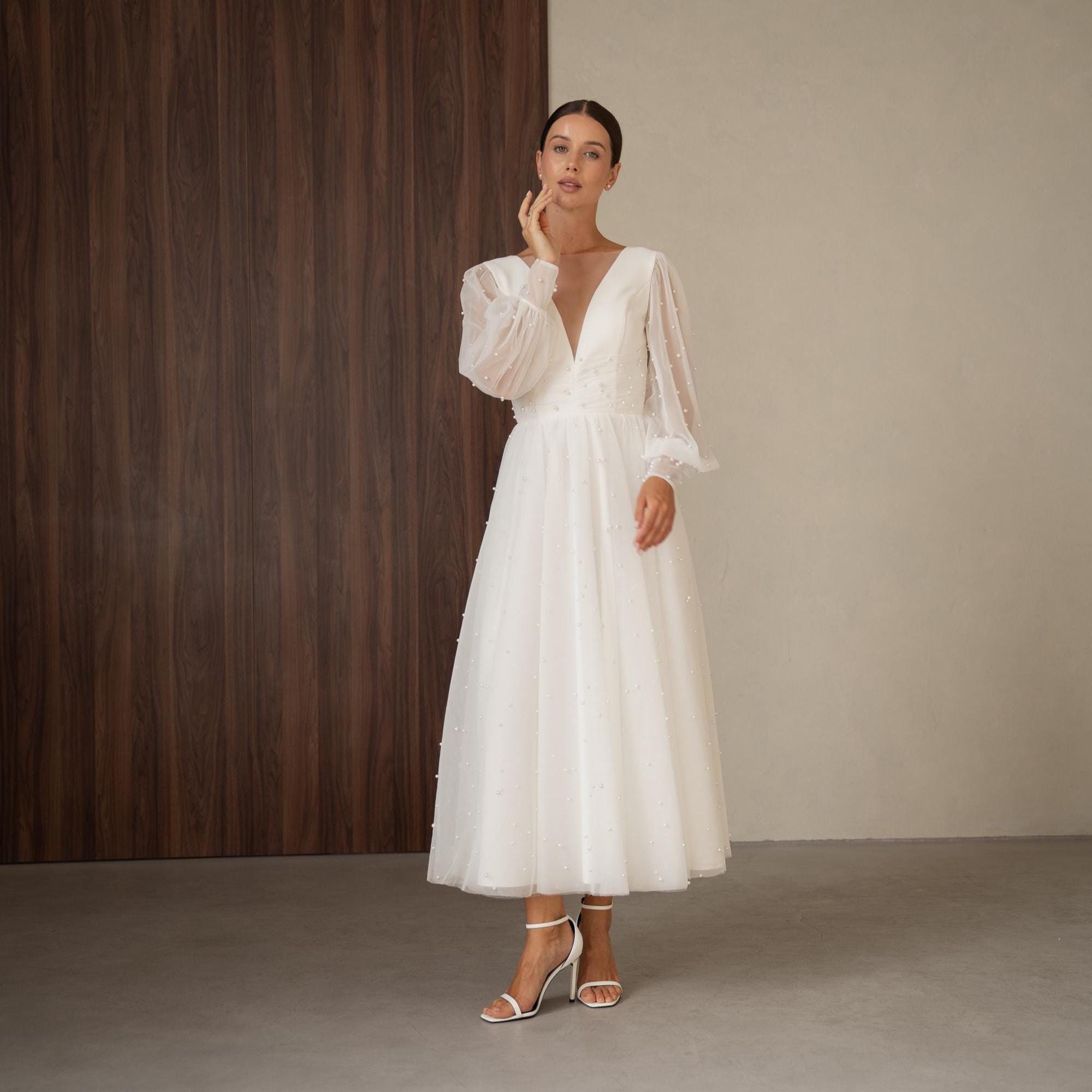 Floral Mid Calf Dresses With Sleeves Simple Tea Length Wedding Dress, Puff Long Sleeve Bridal Gown, Floral Mid Calf Dresses With Sleeves Simple Tea Length Wedding Dress, Puff Long Sleeve Bridal Gown,