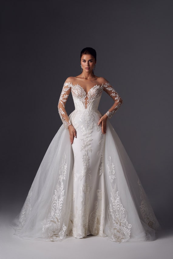 Off Shoulder See Through Cheap Wedding Dresses Online, Side Slit A-lin –  QueenaBridal