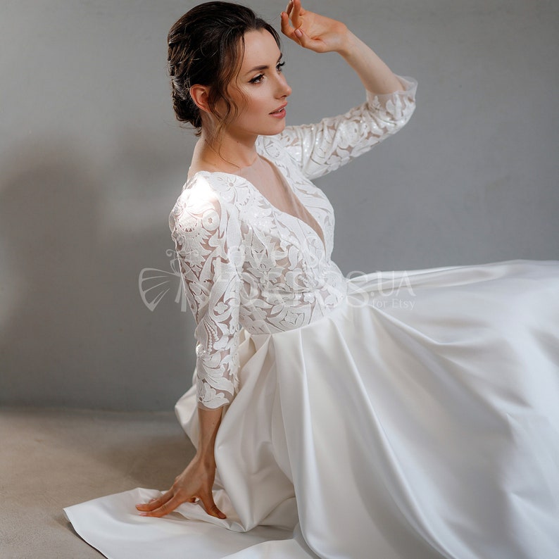 Short lace wedding dress,Romantic midi civil wedding dress,Tea length reception dress,Satin elegant bridal shower dress,Rehearsal dinner image 5