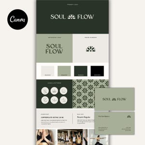 以下が含まれることがあります： 「Soul Flow」のブランディングガイド。メインロゴ、サブロゴ、カラーパレット、アイコン、パターンを掲載。ロゴと「Find Your Balance」のテキストが入った名刺のデザインが含まれています。
