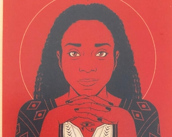 May include: A tarot card illustration depicting a woman with dark hair and a red background. The card is titled "Seven of Wands" and features a black queen chess piece and five white pawn chess pieces.