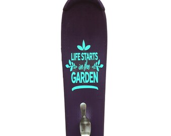 Life Starts in the Garden Personalized Wall Mounted Vertical 3 Hook Gardening Tool Organizer Purple Mint Green Gift for Mom Mother Gardener