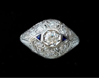 Art Deco Diamond and Sapphire Engagement Ring in White Gold