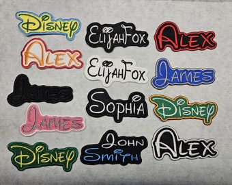 PERSONALISED DISNEY Name tag logo TEXT badge patch around 5 x 10 cm sew on / velcro Embroidery Patch