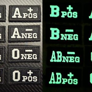 May include: Eight black patches with white text showing different blood types: B+, A+, B-, A-, AB-, O-, AB+, O+. The patches on the right side of the image are glowing in the dark.