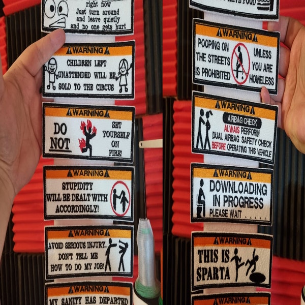 Funny WARNING Signs 5x15 Cm Badges Sew On Hook And Loop - Foto 8