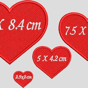 May include: Four red felt heart-shaped patches with white stitching. The largest patch measures 10 x 8.4 cm, the next largest is 7.5 x 6.3 cm, the next is 5 x 4.2 cm, and the smallest is 2.5 x 2 cm.