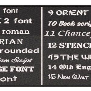 May include: A black and white image displaying 15 different font styles with their names listed next to them. The fonts are numbered 1 through 15. The fonts include Block 1, Block 2, Times Roman, Algerian, Arial Rounded, Ballantines Script, College Font, Kids Font, Orient Express, Book Script, Chancey Font, Stencil Block, The Witcher, Old English, and New Walt Disney.