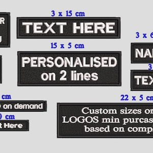 May include: A collection of black and white embroidered patches with various sizes and text. The patches include "Made to Order", "Processing Orders Daily", "Personalised on 2 lines", "Text Here", and "Name".