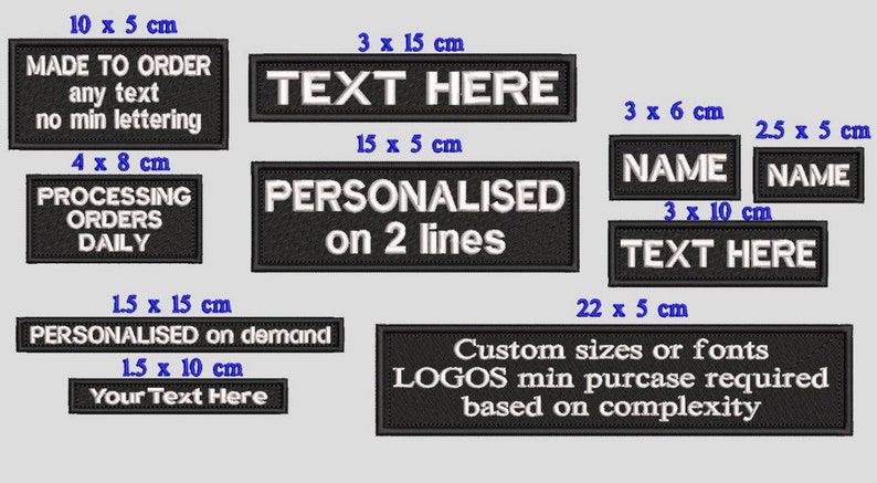 May include: A collection of black and white embroidered patches with various sizes and text. The patches include "Made to Order", "Processing Orders Daily", "Personalised on 2 lines", "Text Here", and "Name".