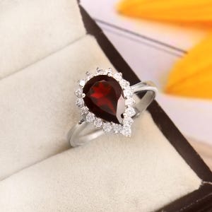 Pear Garnet Ring, 925 Sterling Silver Garnet Ring, Natural Garnet Jewelry, Simple Ring, January Birthstone Ring, Customize Ring Promise Ring